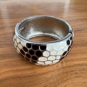 CUFF  BRACELET Wide Hinged Enamel Silver Tone Metal Black Cream Animal Print